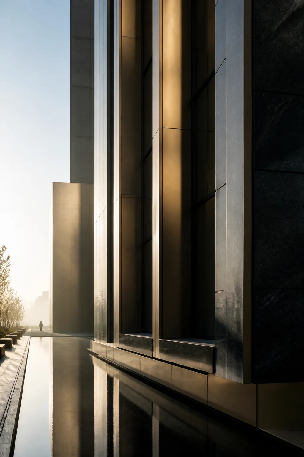 Façade contemporaine en pierre sombre, verre et bronze