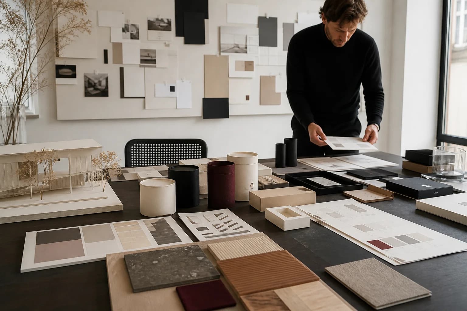 Studio de stratégie de marque présentant prototypes, matières et maquette architecturale